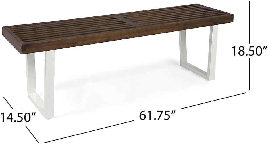 Modern Acacia Wood Dining Bench with Black Iron Legs, Contemporary Outdoor Patio Seat for Garden, Deck or Kitchen (Brown White + Acacia Wood)