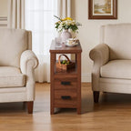 Farmhouse Nightstand with Charging Station, 18'' Wooden Bedside Table with 2 Drawers, Antique End Table with USB Ports, Narrow Sofa Couch Side Table for Bedroom, Living Room, Small Spaces (Walnut)