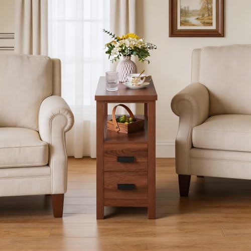Farmhouse Nightstand with Charging Station, 18'' Wooden Bedside Table with 2 Drawers, Antique End Table with USB Ports, Narrow Sofa Couch Side Table for Bedroom, Living Room, Small Spaces (Walnut)
