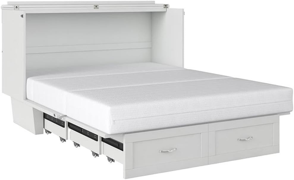 Atlin Designs Modern Queen Murphy Bed Chest, Solid Wood Construction, White Finish with Storage Drawer, Memory Foam Mattress, USB Charging Ports, Space-Saving Bedroom Furniture