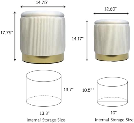 Velvet Round Ottoman Set of 2 with Storage 12 Gallon Capacity - Multi-Functional Stool for Living Room, Footrest, Vanity Seat, Coffee Table, Sturdy 300lb Capacity（Cream White）