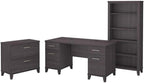 Bush Furniture Somerset 60W Office Desk with Lateral File Cabinet and 5 Shelf Bookcase in Storm Gray