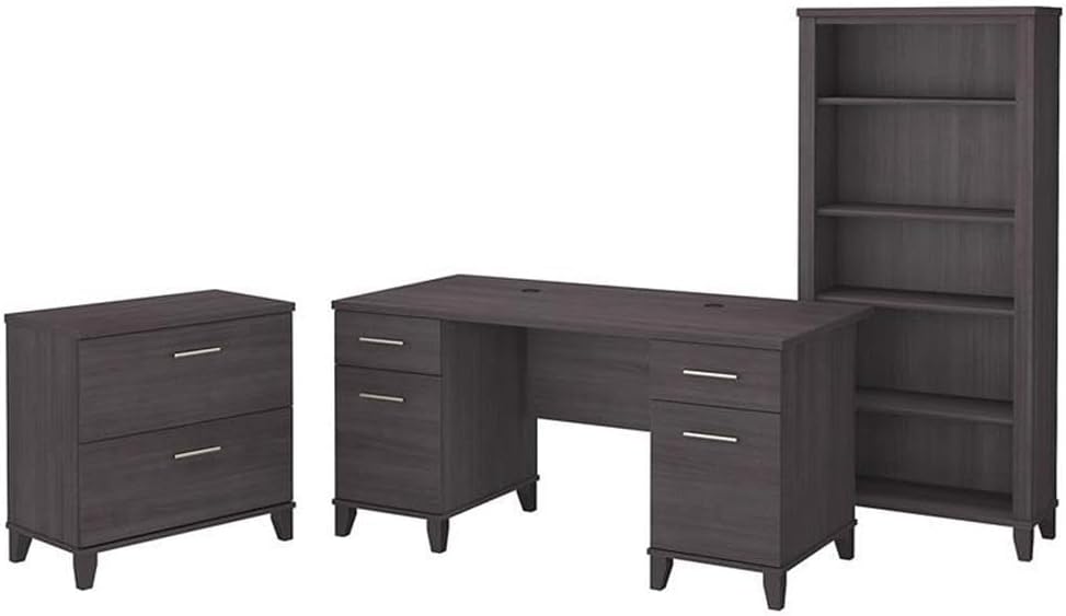 Bush Furniture Somerset 60W Office Desk with Lateral File Cabinet and 5 Shelf Bookcase in Storm Gray
