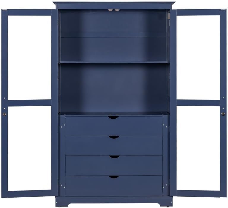 Polibi 44.7" Extra-Large Freestanding Storage Cabinet - Glass Door Display with 4 Drawers & Shelf, Multi-Functional for Kitchen Pantry & Dining Room, Blue