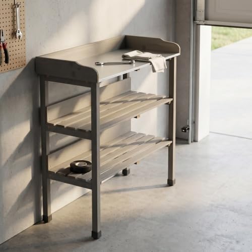 Multi-Functional Patio Storage Cabinet, 3-Tier Outdoor Potting Bench with Adjustable Support Feet & Tool Hooks,for Indoor Outdoor Multipurpose Use,Grey