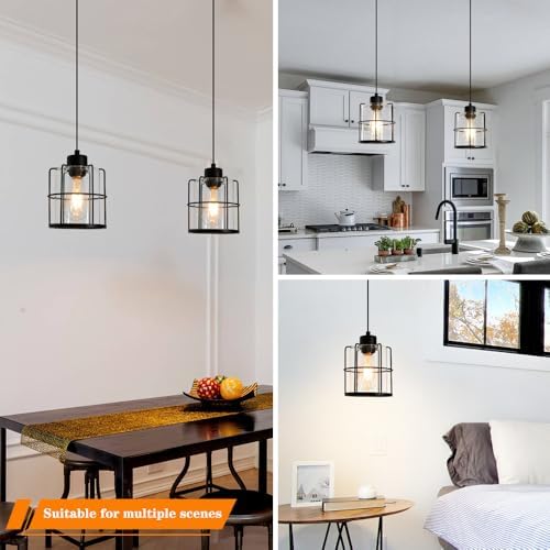 Industrial Black Pendant Lights Kitchen Island, Glass Island Pendant Lights Set of 2, Small Ceiling Kitchen Island Lights with Adjustable Cord, Farmhouse Hanging Light for Hallway Bathroom