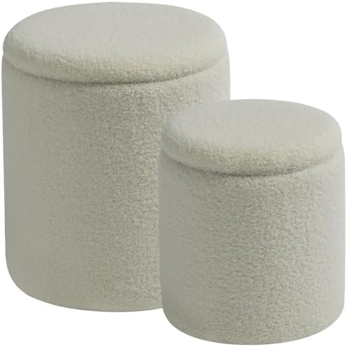 BLEXA Round Ottoman with Storage Set of 2-Upholstered Sherpa Vanity Stool for Makeup Multifunctional Ottomans Coffee Table Padded Seat Foot Rest for LivingRoom&Bedroom(Sherpa White)