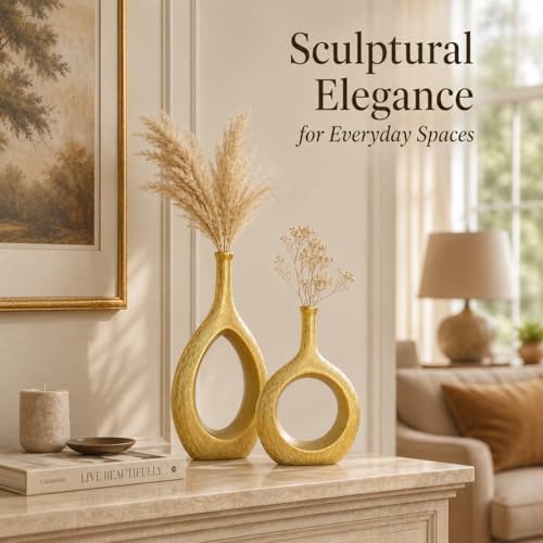 Brushed Gold Ceramic Vase Set 2,Modern Hollow Circle with Hole Flower Vase for Home Decor,for Table Centerpieces,Farmhouse,Fire Place,Living Room,Bedroom,Office,Bookshelf,Rustic Decor