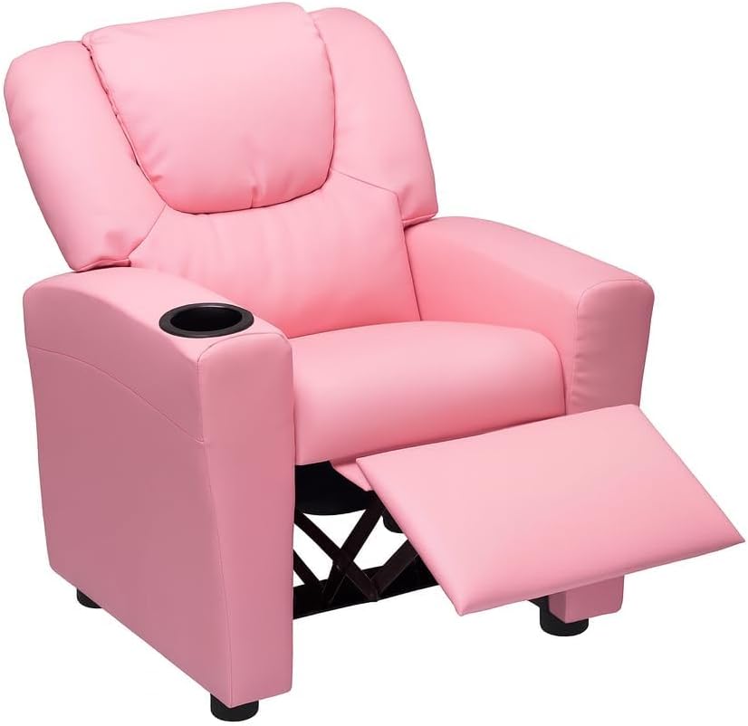 Naomi Home Suri Kids Recliner Chair: 150 Lbs Capacity & Solid Hardwood Frame for Ultimate Durability. Built to Grow Toddler & Children Sofa with Cup Holder, Footrest & 3 Recline Positions - Pink