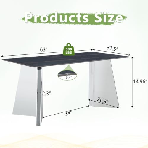 TesNus 63" Modern Dining Table Set for 4,Black Marble Dining Room Table Set for 4-6,Rectangular Sintered Stone Top with Stainless Steel Silver Base 5-7 Piece Kitchen Dining Table Set