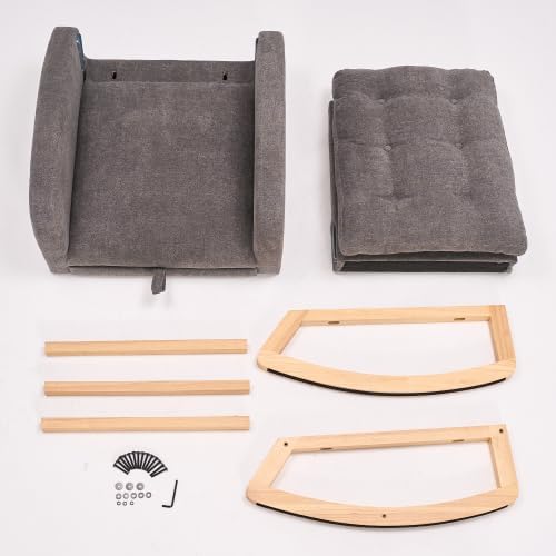 Grey Accent Rocking Chairs, Comfortable Living Room Nursery Glider with Ottoman, High Back Rubber Wood Frame for Bedroom Relaxation, Armchair with Side Pocket