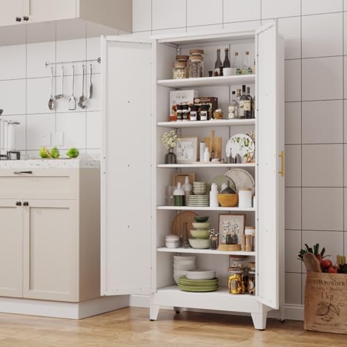 75.2" Tall Metal Kitchen Pantry Storage Cabinet, Freestanding Cupboard with 2 Doors and 5 Adjustable Shelves, Standing Storage for Kitchen, Bathroom, Garage, Dinning Room or Utility Room