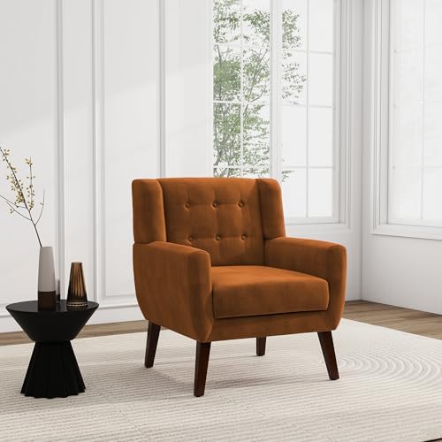 Accent Chairs Set of 2, Velvet Upholstered Armchair, Orange | Mid Century Modern Living Room Chair, Button Tufted Wingback Chair with Removable Cushion, Bedroom Side Reading Seat
