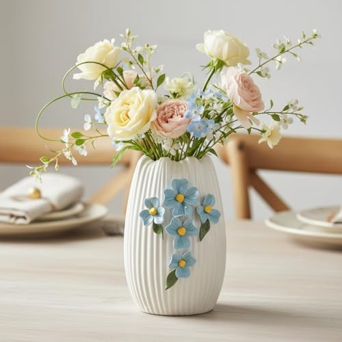 White Ceramic Vase - 7 inch Small Boho Vases Home Decor, 3D Floral Modern Vase for Pampas Grass, Centerpieces for Table, Kitchen, Living Room, Bathroom Decor