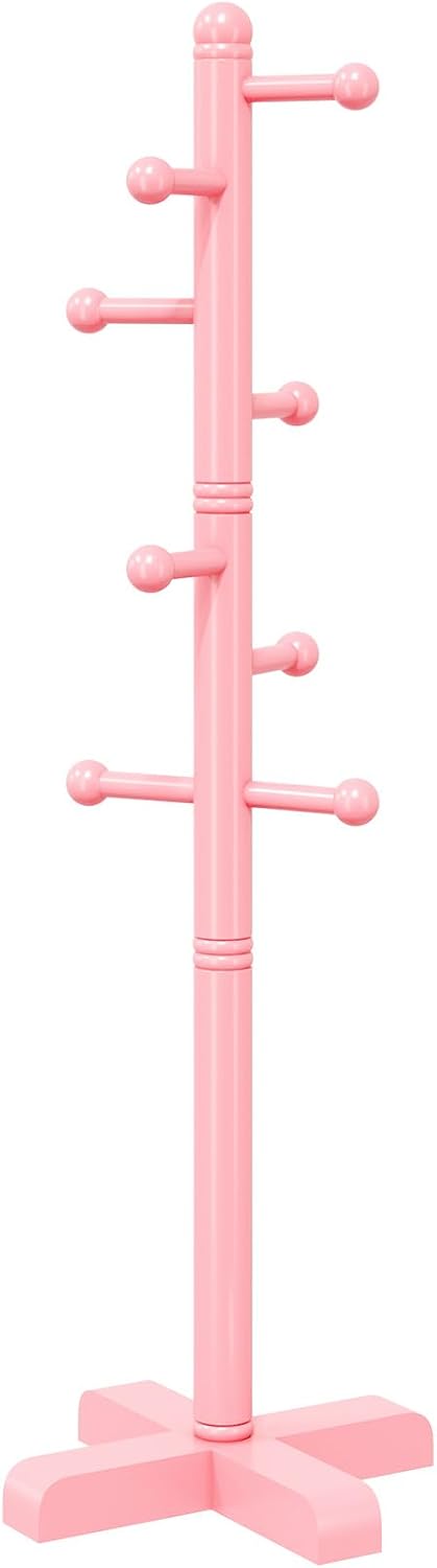 8-Hook Freestanding Wooden Coat Rack 2 Adjustable Heights Pink | Suitable for Bedroom Hallway Entrance Office,Holds Hats Handbags Purses Neatly,Space-Efficient Vertical Stand