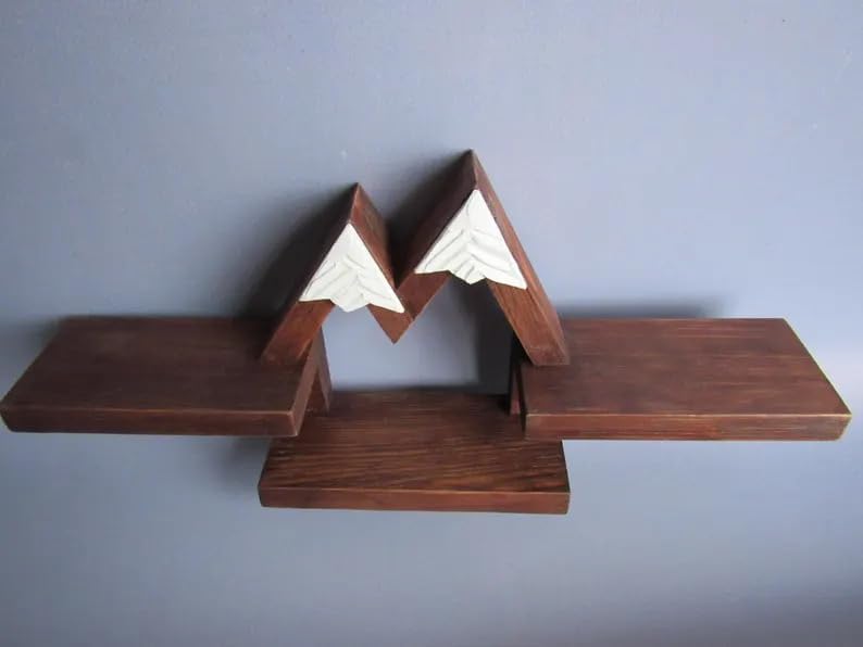 Rustic Mountain Wall Shelf with Hooks, Wood & Metal Wall Storage Organizer, Decorative Floating Shelves for Entryway Bedroom Nursery, Farmhouse Style Home Decor