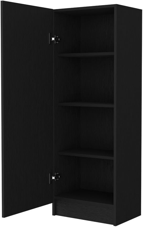Miami Single Door Pantry, 4 Shelves, Black Engineered Wood, Space-Saving Storage for Kitchen or Hallway