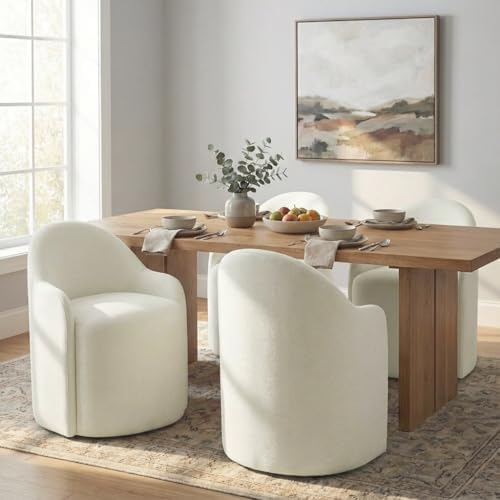KISLOT Upholstered Dining Chairs with Casters, No Assembly Modern Dining Room Chairs Accent Vanity Chair with 5 Wheels & Round Backrest for Bedroom, Living Room, Dressing, Linen Fabric, Set of 1