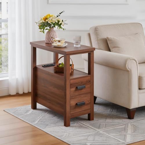 Farmhouse Nightstand with Charging Station, 18'' Wooden Bedside Table with 2 Drawers, Antique End Table with USB Ports, Narrow Sofa Couch Side Table for Bedroom, Living Room, Small Spaces (Walnut)