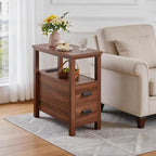 Farmhouse Nightstand with Charging Station, 18'' Wooden Bedside Table with 2 Drawers, Antique End Table with USB Ports, Narrow Sofa Couch Side Table for Bedroom, Living Room, Small Spaces (Walnut)
