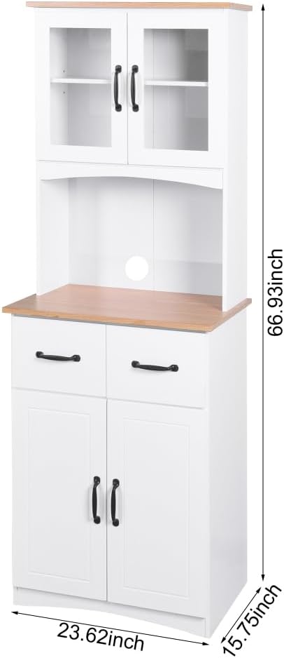 White Wooden Kitchen Cabinet, Pantry Storage Unit with Framed Glass Doors, Microwave Stand & Drawer, for Living Room, Dining Room, or Kitchen