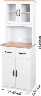 White Wooden Kitchen Cabinet, Pantry Storage Unit with Framed Glass Doors, Microwave Stand & Drawer, for Living Room, Dining Room, or Kitchen