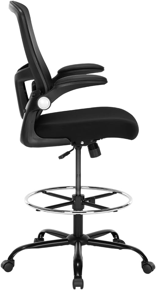 Drafting Chair,Tall Office Chair, Ergonomic Standing Desk Chair with Flip-up Armrests,Mid-Back Counter Height Computer Task Chair with Lumbar Support and Adjustable Footrest Ring,Black