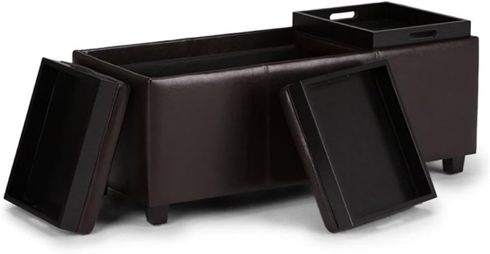 48"W Leather Storage Ottoman Bench with Trays, Upholstered, Footrest with Large Storage Space, Dark Brown Storage Chest with Wood Legs, Queen Size End of Bed Bench with Hidden Space for Blankets