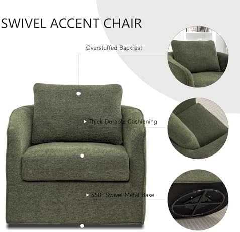 MINCETA Swivel Accent Chairs, Oversized Swivel Barrel Chair with High Density Foam, Linen Fabric Reading Chairs, Upholstered Armchair for Living Room, Bedroom, No Assembly, Green