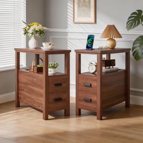Farmhouse Nightstand with Charging Station, 18'' Wooden Bedside Table with 2 Drawers, Antique End Table with USB Ports, Narrow Sofa Couch Side Table for Bedroom, Living Room, Small Spaces (Walnut)