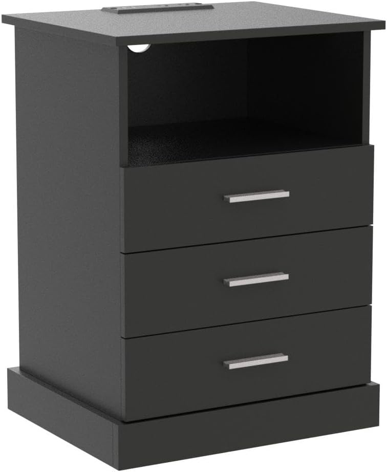 Halitaa Black LED Nightstand with Charging Station, Side Table with 3 Drawers and Light, End Table with Open Storage, Beside Cabinet for Bedroom (Black)