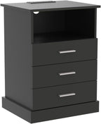 Halitaa Black LED Nightstand with Charging Station, Side Table with 3 Drawers and Light, End Table with Open Storage, Beside Cabinet for Bedroom (Black)