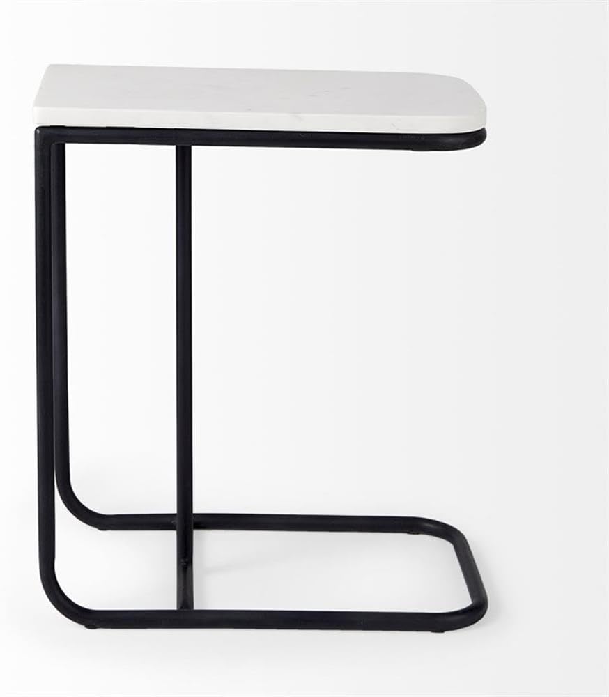 Pemberly Row C-Shaped Side Table, White Marble Top, Matte Black Iron Frame, Minimalist Modern Style, Living Room Accent Table
