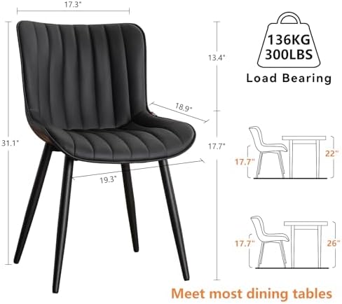 YOUNUOKE Dining Chairs Set of 2 Mid-Century Modern Kitchen Chair Black | Faux leather upholstered with Back, fits dining living waiting room guest reception. Waterproof easy to clean assemble, 300lb