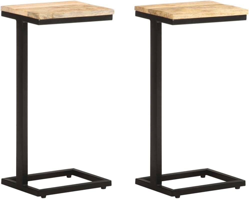 Rough Mango Wood Side Table 2 Pcs with Powder Coated Iron Legs, End Table for Living Room, Natural Wood Grain