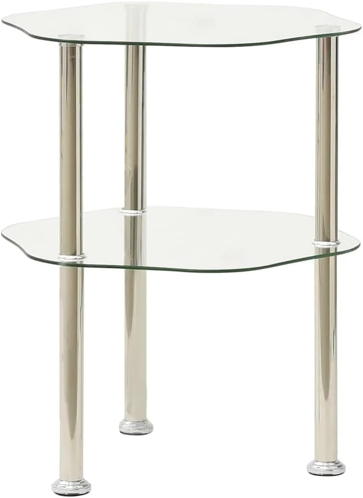 Modern 2-Tier Tempered Glass Side Table with Stainless Steel Frame, Transparent Accent End Table for Living Room, Sofa, or Telephone Stand