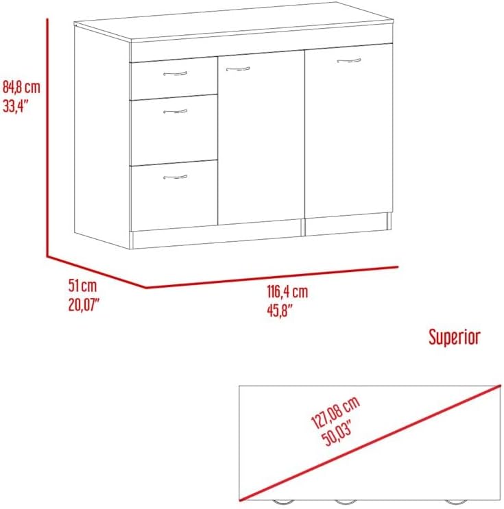 Grecia Kitchen Base Cabinet - 3 Drawers, 2 Shelves, White/Dark Walnut - Expandable Counter Space