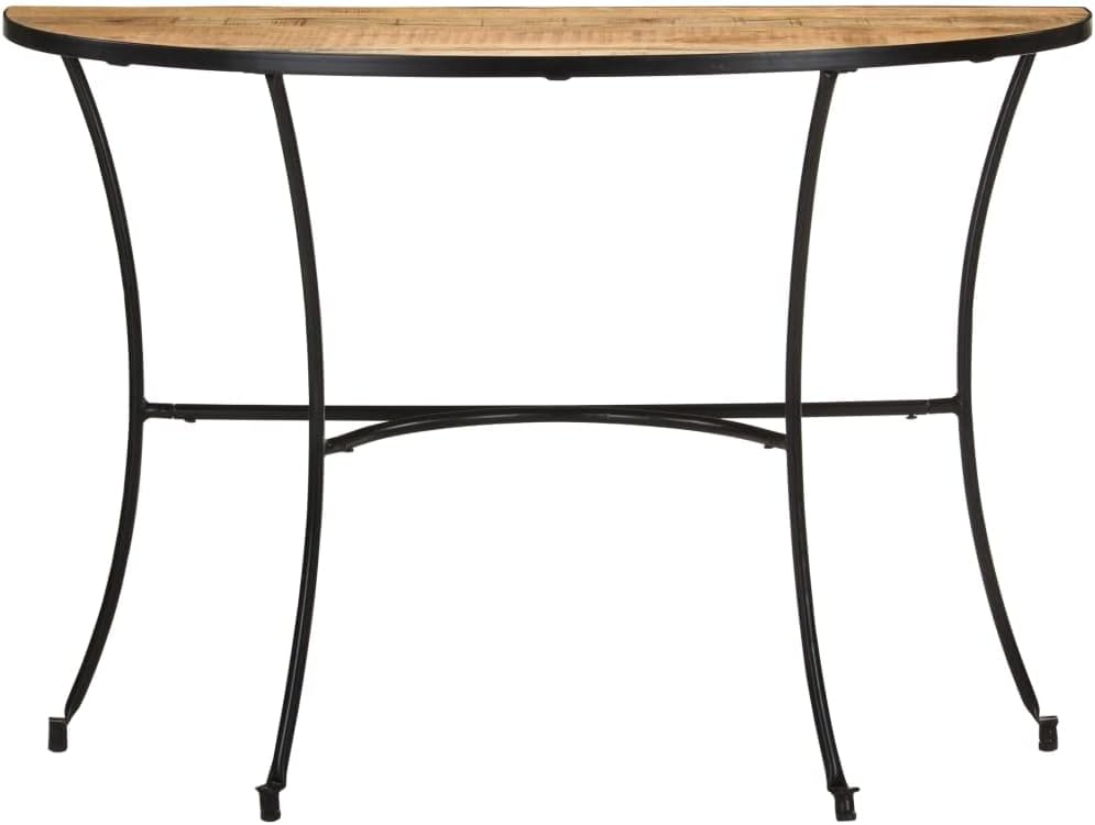 Modern Half Circle Side Table in Durable Solid Mango Wood with Crescent Shape and Sturdy Steel Legs for Living Room or Entryway