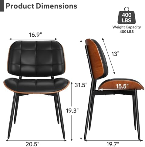 Dining Chairs Set of 2, Mid Century Modern Dining Room Chair, Upholstered Faux Leather Kitchen Chairs with Thick Cushion and Walnut Bentwood Back for Kitchen Dining Room, Black