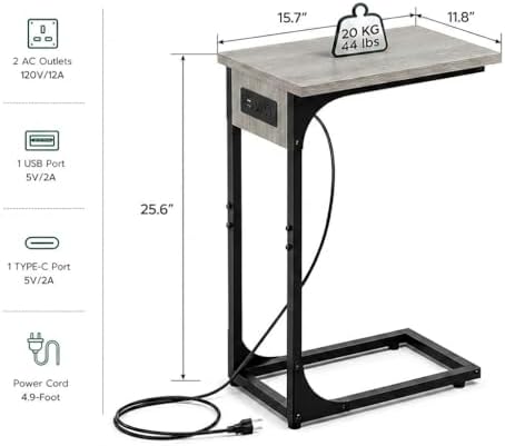 TEMI C Shaped End Table for Couch with Charging Station, Small Side Table TV Tray for Eating or Laptop, Accent Desk for Sofa or Chair, Space Saving Living Room Bedroom, Greige