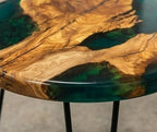 Handcrafted Olive Wood and Walnut Nesting Tables with Resin Inlay, Round Tops, Hairpin Legs, Set of 3 (Green, Olive)