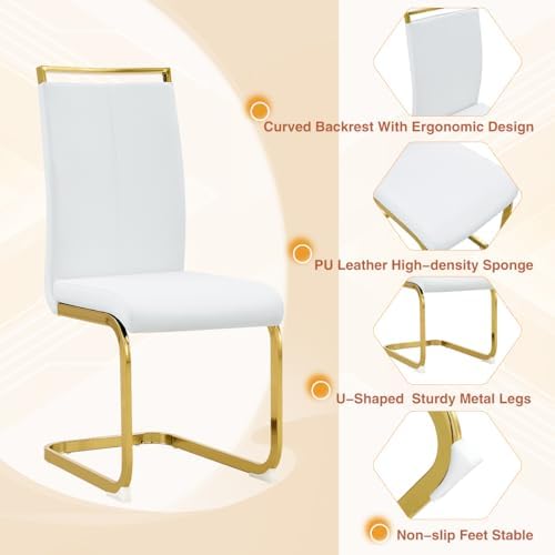 AZmac Modern Dining Table Set for 8 with Gold Metal Frame, 9-Piece Glass Dining Table with PU High Back Chairs for Kitchen Dining Room, Glass Table and 8 White Chairs
