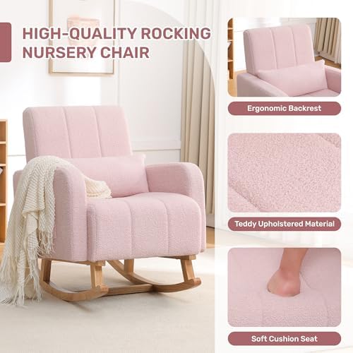 HCHAIRH Rocking Chair with Ottoman, Upholstered Glider Rocker Armchair with High Backrest and Side Pocket, Comfy Reading Chair with Solid Wood Legs for Nursery, Living Room,Bedroom, Pink