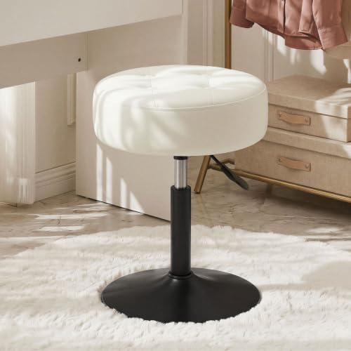 Furniliving Adjustable Swivel Vanity Stool, Makeup Ottoman Stool, PU Leather Chair for Makeup Room, Small Makeup Stool for Vanity, Bedroom, Living Room, White
