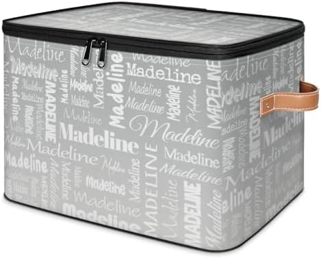 Custom Storage Basket with Name, Personalized Keepsake Box with Zipper Lid, Foldable Fabric Memory Bin Large capacity with Handle Grey
