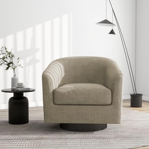 Swivel Barrel Accent Chair, Comfy Reading Armchair, Light Brown, Set of 2 | Club Chairs for Adults, Low-Back Design, Modern Round Style, Solid Wood Frame & Metal Swivel Base, For Living Room & Bedroom