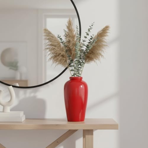 Red Ceramic Vase for Home Decor - 11 Inch Tall Modern Decorative Vase for Centerpieces, Boho Flower Vase for Pampas Grass, Christmas, Living Room, Kitchen, Fireplace, Entryway, Shelf Decor