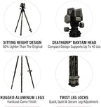 BOG DeathGrip Aluminum Tripod with Durable Frame, Lightweight, Stable Design, Bubble Level, Adjustable Legs, Shooting Rest, and Hands-Free Operation for Hunting, Shooting, and Outdoors