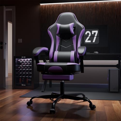 Gaming Desk Chair for Adults, Ergonomic Gaming Chair with Footrest & Headrest and Lumbar Support, Leather Material Height Adjustable Computer Video Game Chairs (Purple+Black)