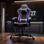 Gaming Desk Chair for Adults, Ergonomic Gaming Chair with Footrest & Headrest and Lumbar Support, Leather Material Height Adjustable Computer Video Game Chairs (Purple+Black)